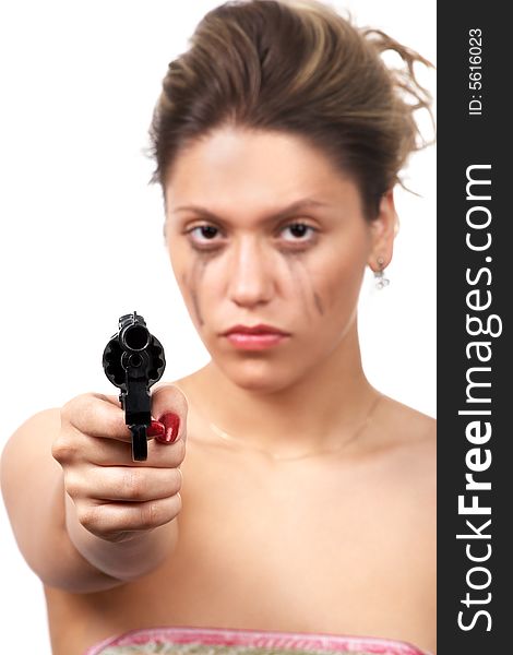 Girl with black gun (revolver) isolated on white; focus on gun. Girl with black gun (revolver) isolated on white; focus on gun