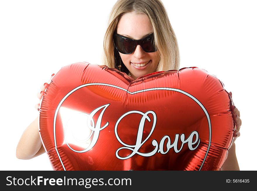 Beautiful fashion woman with a red party balloon. Isolated over a white background. Beautiful fashion woman with a red party balloon. Isolated over a white background