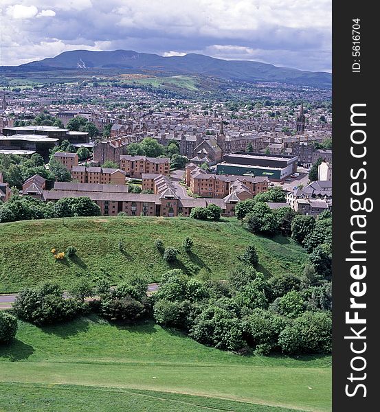 View of southern part of Edinburgh in summer,looking towards the Pentland Hills,from Holyrood Park. View of southern part of Edinburgh in summer,looking towards the Pentland Hills,from Holyrood Park.