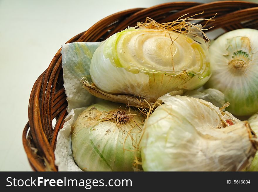 Old dried and rotten onions in a composition. Old dried and rotten onions in a composition