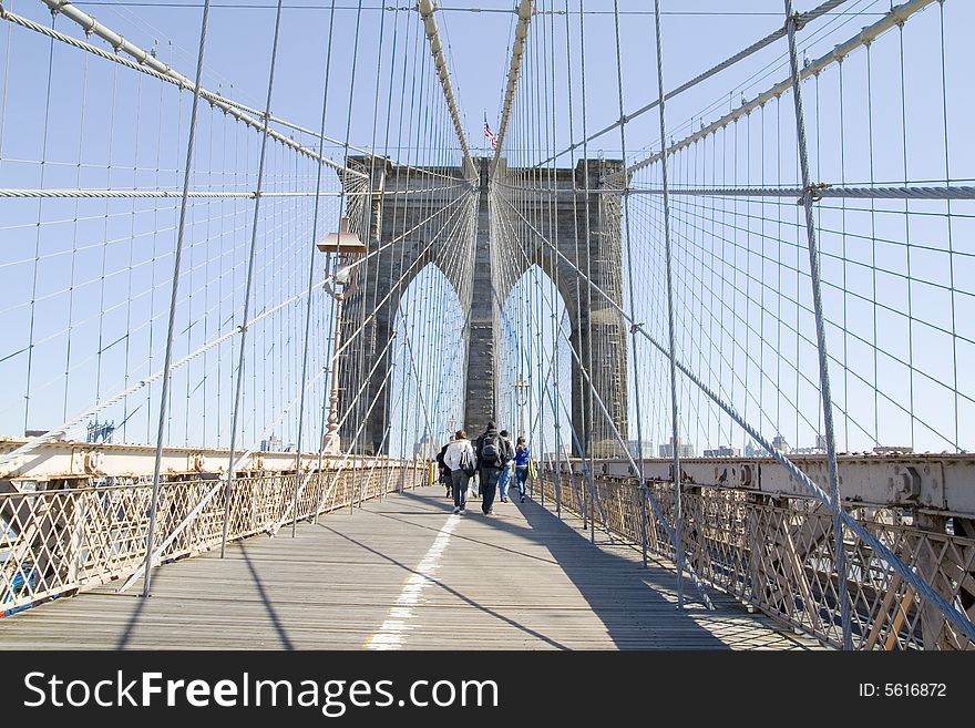 View of the pathway on the Brooklyn Bridge In New York