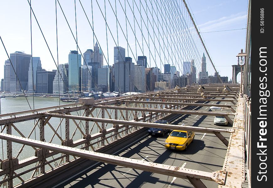 View of the lanes on the Brooklyn Bridge in New York