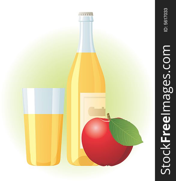 Bottle and glass of cider with the red apple on the light green background. Bottle and glass of cider with the red apple on the light green background