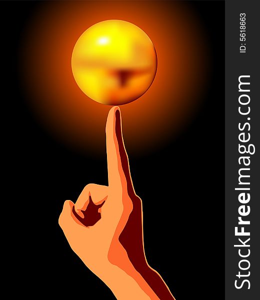 Shining golden ball on people's finger. Shining golden ball on people's finger.