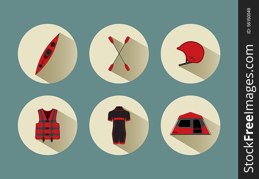 Rafting set vector icons with shadows in red color