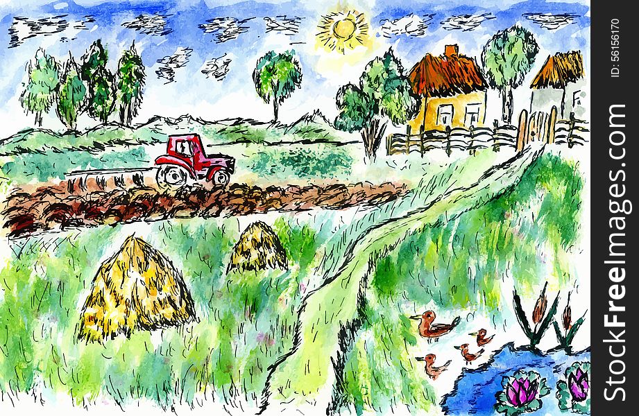 Simple watercolor painted sketch of countryside landscape. Simple watercolor painted sketch of countryside landscape.