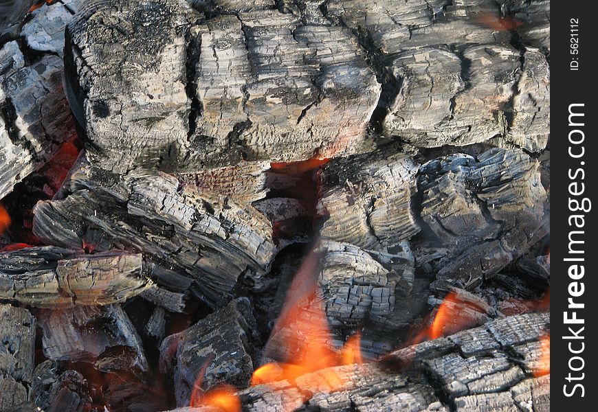 Burning fire wood for a shish kebab