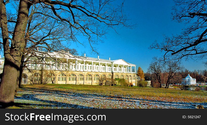 View of the park and classical buildings in winter