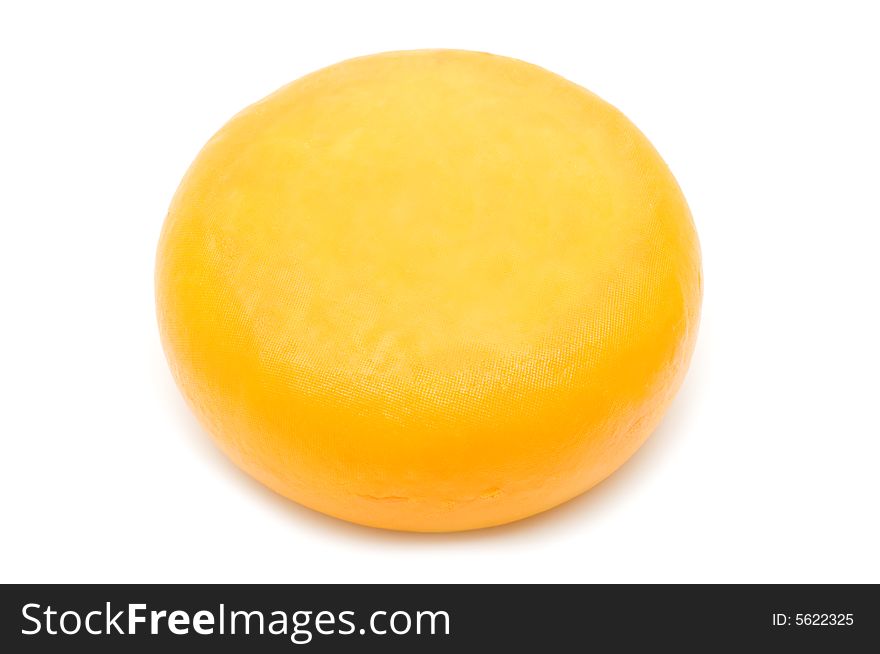 Round cheese on white background
