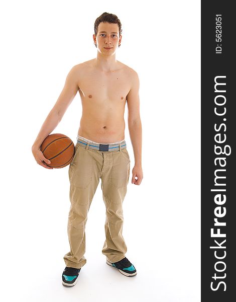 The young basketball player isolated on a white background