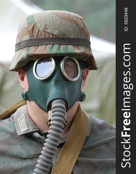 German Soldier In Gas Mask.