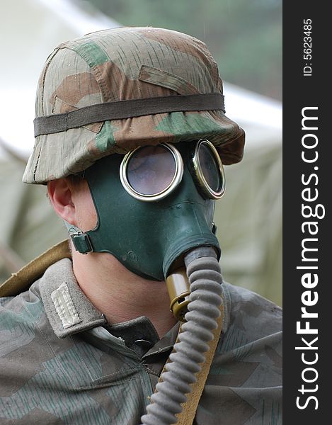 German Soldier In Gas Mask.