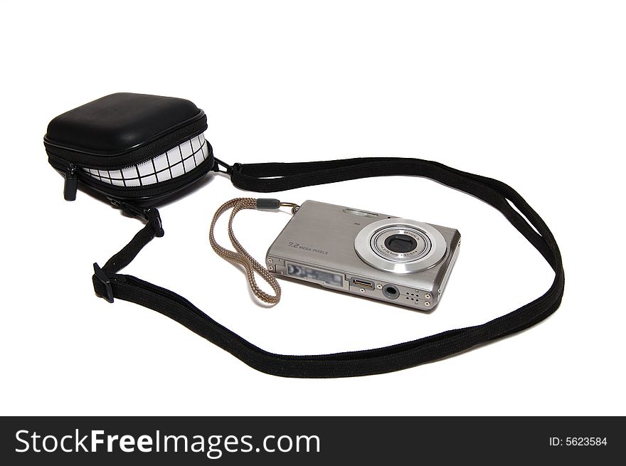 Camera and bag isolated on a white background