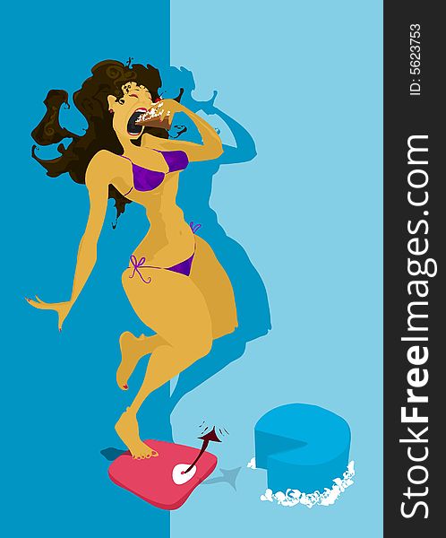 Fat lady, with long black hair and a dark pink bikini, is eating a huge piece of cake and is standing on the scale. Fat lady, with long black hair and a dark pink bikini, is eating a huge piece of cake and is standing on the scale.