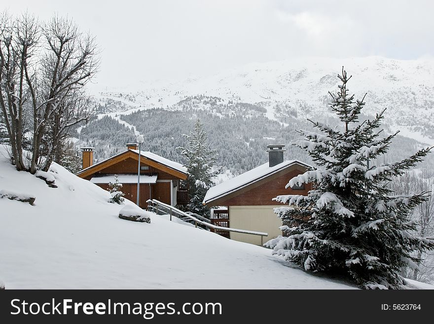 Ski resort Chalet after snow storm. Ski resort Chalet after snow storm