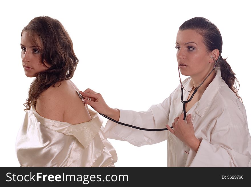 Female doctor making blood pressure to patient with stethoscope