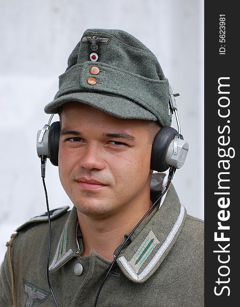 German soldier in earphones.