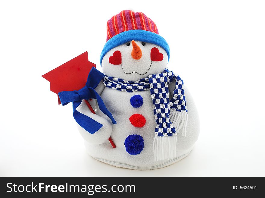 Funny snowman toy with red plate for slogan or greetings. Funny snowman toy with red plate for slogan or greetings
