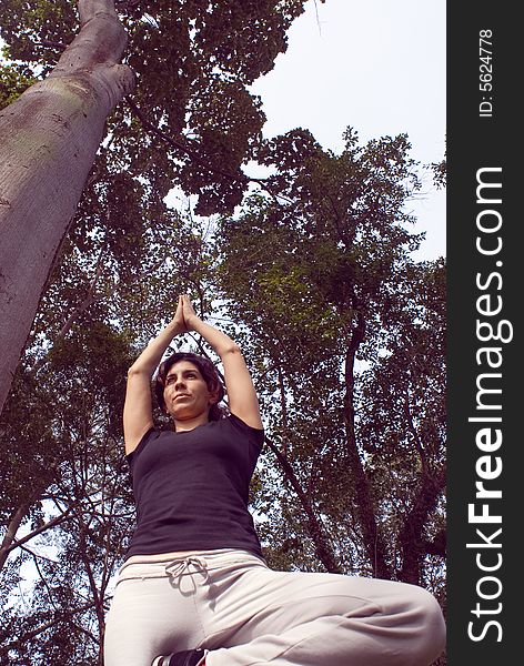 A young, attractive woman is standing next to a tree in a park.  She is performing yoga and stretching.  The camera is looking up at her, and she is looking away from it.  Vertically framed photo. A young, attractive woman is standing next to a tree in a park.  She is performing yoga and stretching.  The camera is looking up at her, and she is looking away from it.  Vertically framed photo.