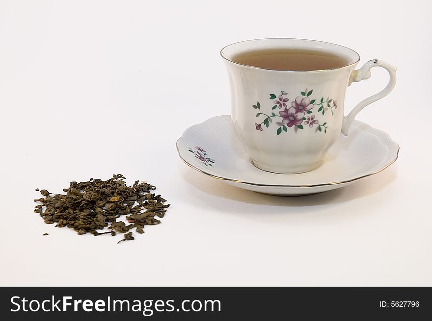 Cup and tea on white background. Cup and tea on white background