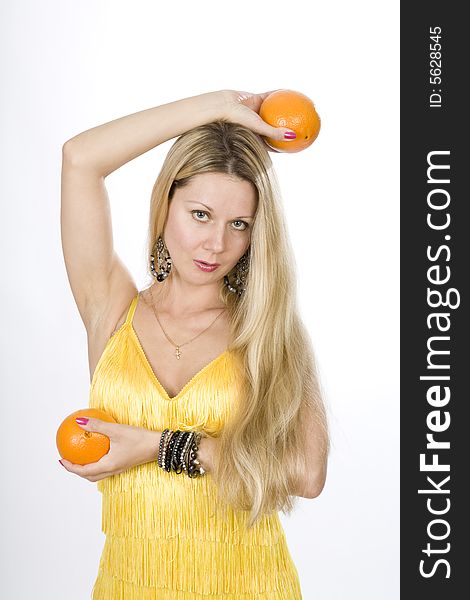 Blonde woman in yellow dress with two oranges in her hands. Blonde woman in yellow dress with two oranges in her hands