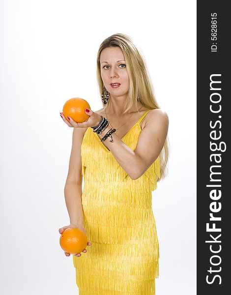 Blonde woman in yellow dress with two oranges in her hands. Blonde woman in yellow dress with two oranges in her hands