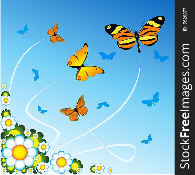 Flowers and butterflies on the blue background. Flowers and butterflies on the blue background