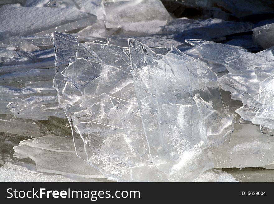 Sheets of ice broken and staked on top of each other.