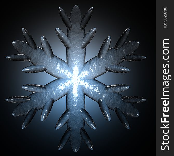 A detail of a snowflake with an icy appearance isolated on black with a blue halo. A detail of a snowflake with an icy appearance isolated on black with a blue halo.