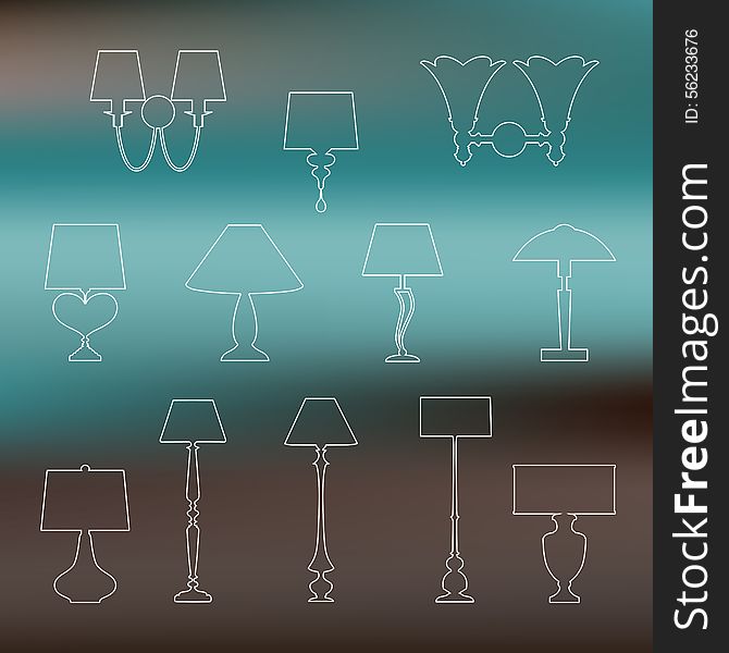 Set of linear silhouettes of lamps and sconces on blurred background