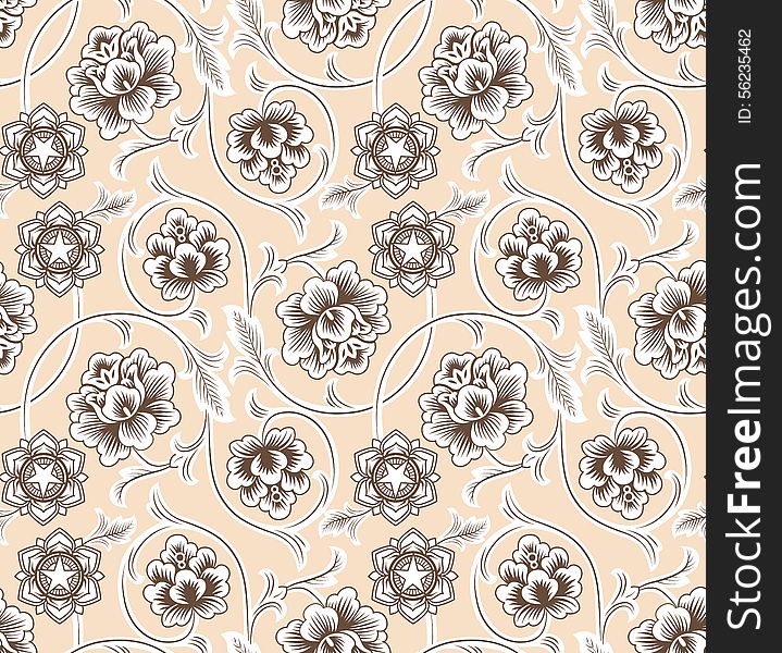 Asian ornament with flowers on beige background. Seamless pattern