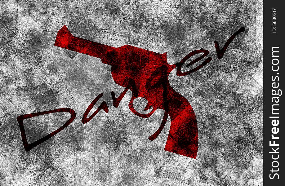 Grungy background Design danger in red wirh gun. Grungy background Design danger in red wirh gun