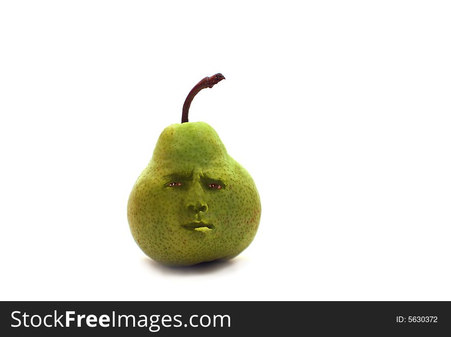 A pear with an angry man's face blended in over a white background. A pear with an angry man's face blended in over a white background
