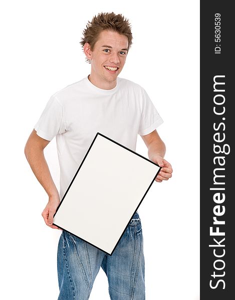 A young man holding a blank board for you to put adverts on