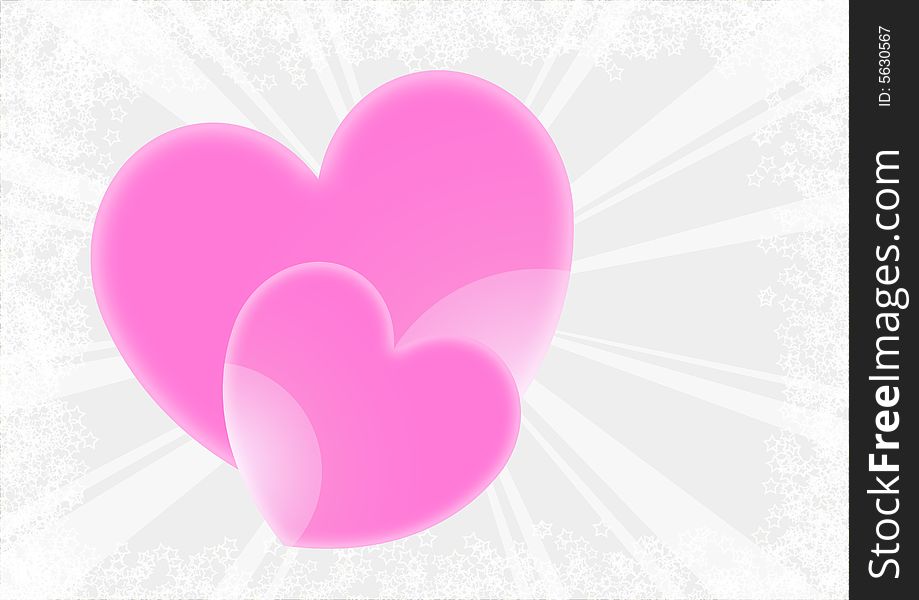 Pink hearts in ray and star background