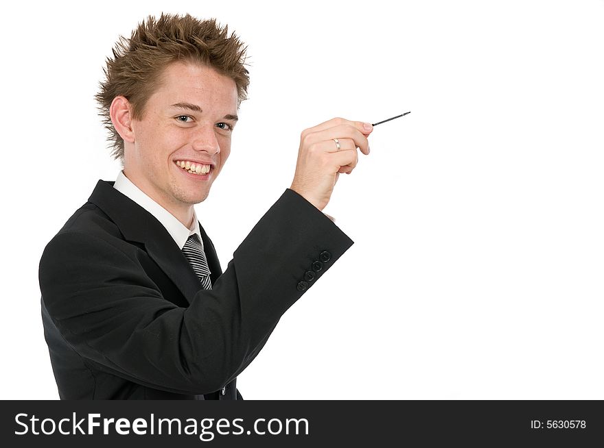 A young businessman writing on blank boards with a stylus pen. A young businessman writing on blank boards with a stylus pen