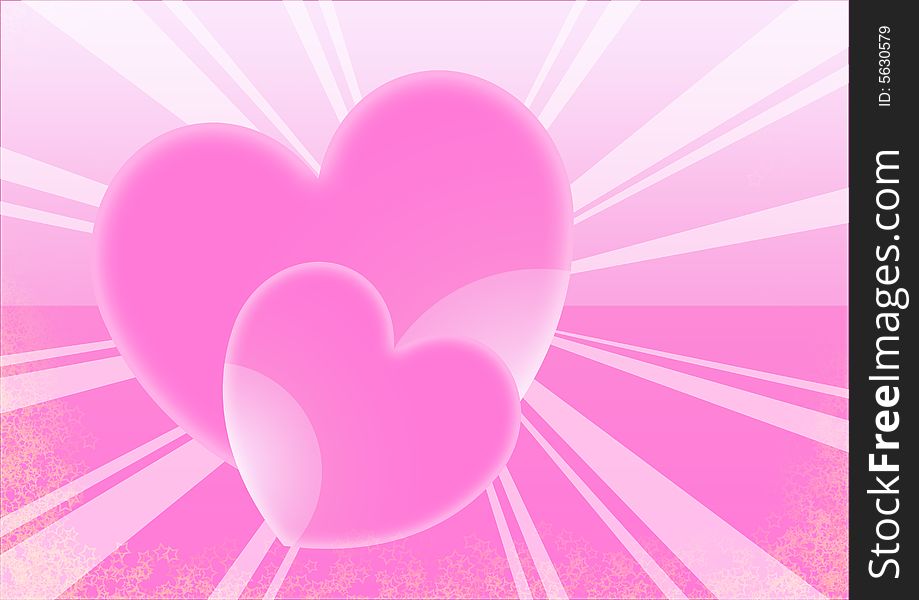 Pink hearts in ray and star background. Pink hearts in ray and star background