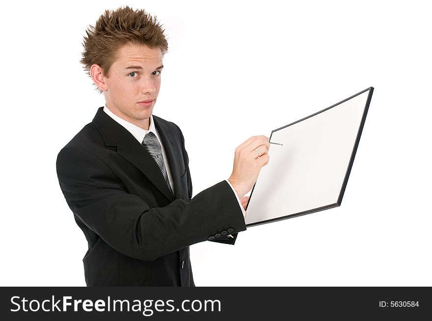 A young businessman writing on blank boards with a stylus pen. A young businessman writing on blank boards with a stylus pen