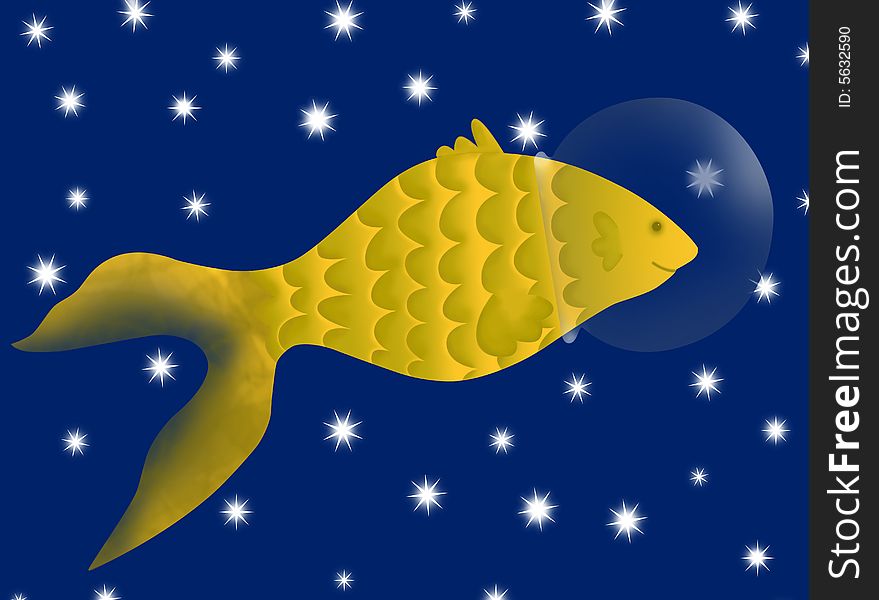 Fish flying over the stars with his aquarium in the head. Fish flying over the stars with his aquarium in the head