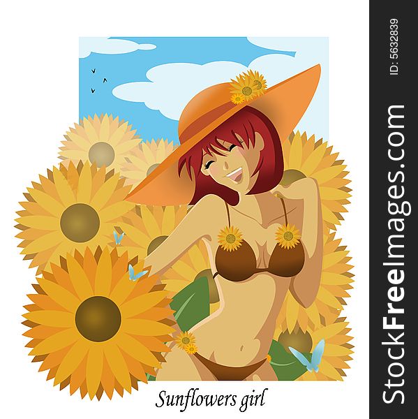 Sweaty summer girl and sunflowers friends. Sweaty summer girl and sunflowers friends