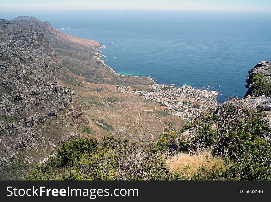 View from Table Mountain down to the towns and coastline of Cape Town and the Cape Peninsula (South Africa)