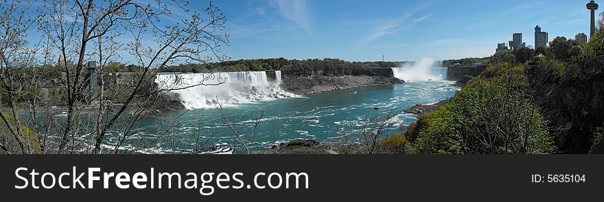 Panoramic shot of Niagara Falls from the Canadian side.