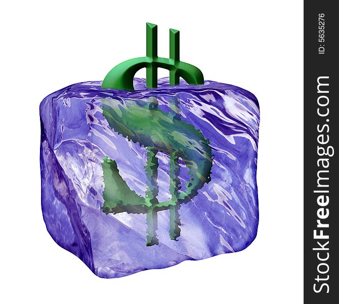 Image of the sign dollar in cube ice on white background