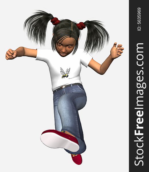 Young girl jumping, 3 dimensional model, computer generated image