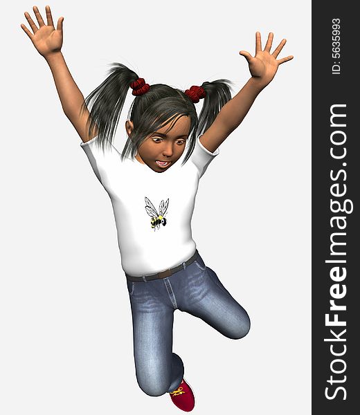 Young girl jumping, 3 dimensional model, computer generated image