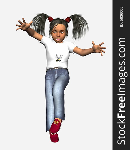 Young girl jumping, 3 dimensional model, computer generated image