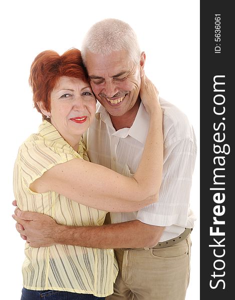 Laughing Seniou couple in studio on white background. Laughing Seniou couple in studio on white background