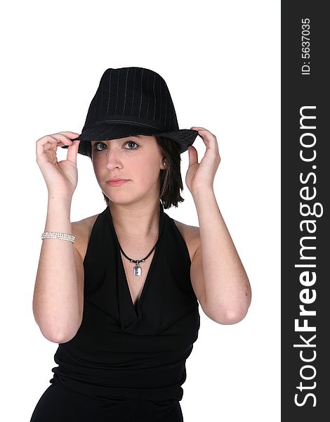 Old style gangster looking teenage girl wearing black dress and top hat