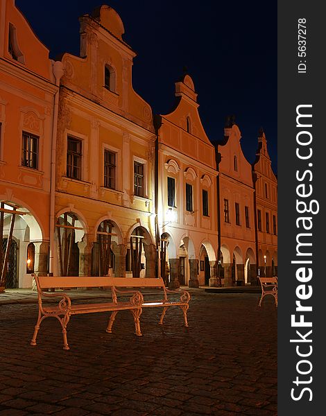 Night shot of old renaissance houses near the main square of Telc, Czech republic Unesco listed site
