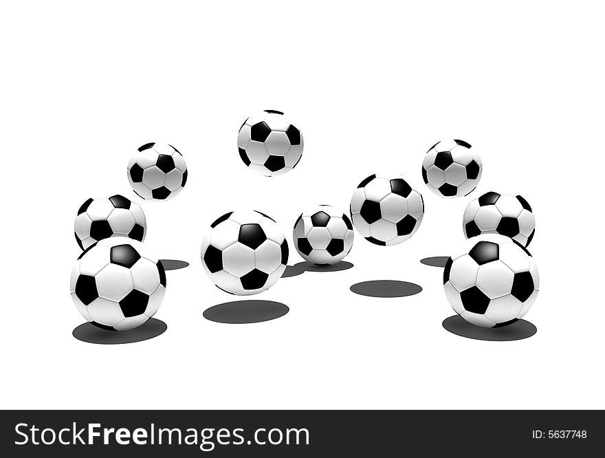 Isolated soccer balls in the air with shadow - 3d illustration